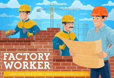 Bricklayer worker and architect at construction site. Building construction industry vector poster. Cartoon builder laying a bricks on cement, architect with construction plan and hardhat, crane winch vector