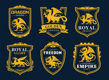 Griffin ve ejderha heraldik vektör simgelerini izole etti. Cephaneliksel mitolojik hayvan siluetleri, kurdeleler ve tipografisi olan sarı kalkanlar. İmparatorluk altın ejderhası ve fantezi Griffon aslanı ve kartal yaratığı