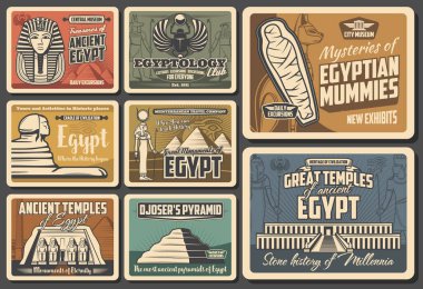 Eski Mısır retro vektör posterleri. Kahire piramitleri seyahat eder, Mısır mumyaları, Firavun gizemleri. Mısır sergisi ve müzesi, tanrı tapınakları ve anıtları, eski Mısır manzaraları ve gezileri