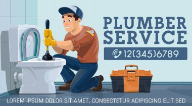 Tıkanıklıklar açılmış tuvalet, tesisat servisi. Lavabo pompası ve alet kutusuyla kanalizasyon borusunu temizleyen bir tesisatçı. Kanalizasyon bakımı, eleme ve tuvalet sızıntısı onarımı