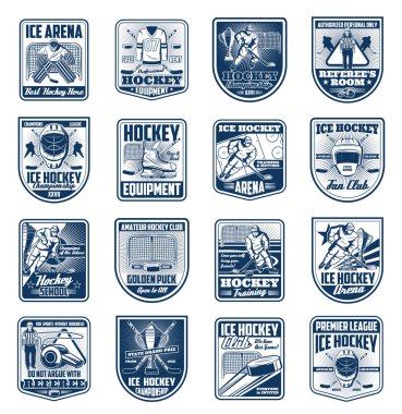 Buz hokeyi sporu izole edilmiş vektör simgeleri. Eski spor rozetleri ve eski amblemler. Buz hokeyi kupası turnuvası, oyuncular ve hakem, üniforma ang kupası, çapraz sopalar ve puck on arena shield