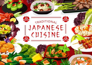 Japon mutfağı menü vektör kapağı. Taze deniz ürünleri, et ve sebze yemekleri. Karides salatası, kabuklu deniz ürünleri ve kirpi balığı, butaziru domuz çorbası, kızarmış lahana ve kızarmış tofu peyniri.