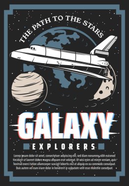 Arıza efektli dış uzay keşfi kozmik retro posteri. Galaksi kaşifi macerası, Dünya yörüngesinde astronot uzay mekiği olan vektör vintage kart, Mars gezegeni, Ay ve evrendeki yıldızlar