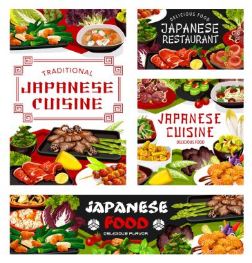 Japon mutfağı menüsü menüleri, vektör. Restoran mutfağı karides salatası, tavuk eti ve şiş üzerinde fırında balık. Kızarmış soya peynirli haşlanmış lahana ve domuz filetosu ile daikon güveci.