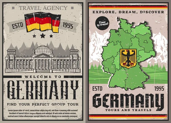 Duitsland Reizen Retro Posters Rondleidingen Door Berlijn Bezienswaardigheden Vector Vintage — Stockvector