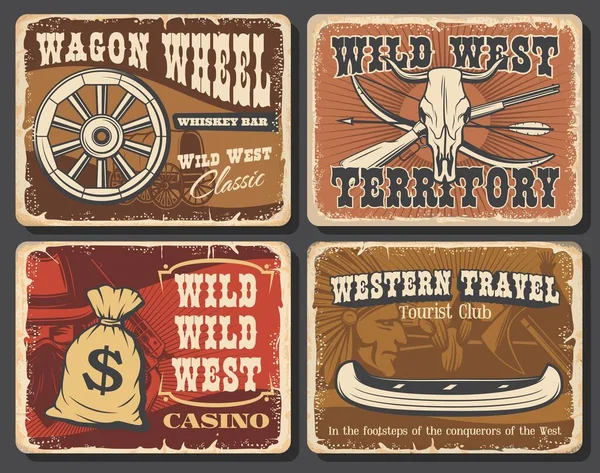 Carteles Vintage Del Vector Wild West Western Saloon Bolsa Dinero — Vector de stock