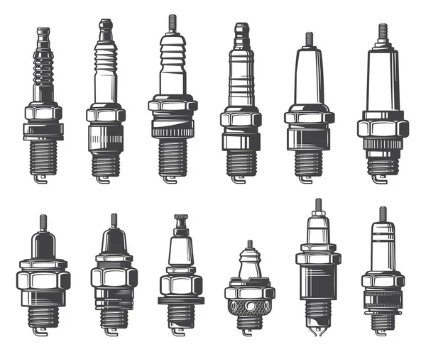 Car Spark Plugs Isolated Vector Icons Set Monochrome Car Ignition — Stock Vector