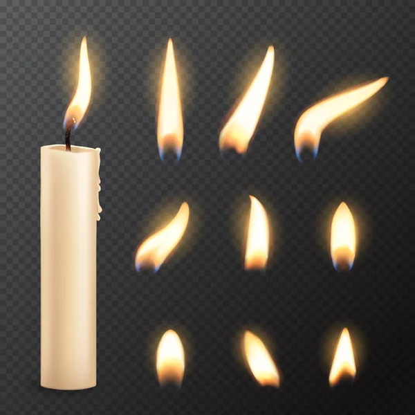 Candela Con Fiamma Fuoco Accende Realistico Mockup Vettoriale Sfondo Trasparente — Vettoriale Stock