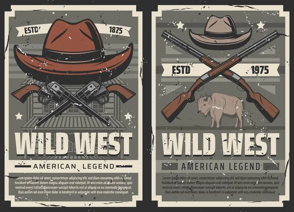 野生の西ヴィンテージベクトルポスター アメリカの西部の伝説 テキサスの水牛の牛とカウボーイの保安官の帽子野生の西サルーンの建物の背景にある山賊の反乱軍 銃とライフルで — ストックベクタ