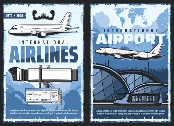 Flygtjänst Och Internationella Flygplatsens Retroaffischer Vektor Vintage Kort Med Flygplan — Stock vektor