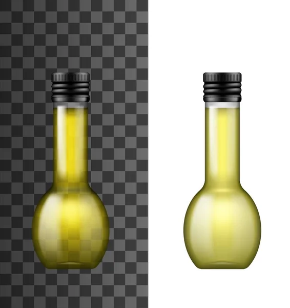 橄榄油逼真瓶 孤立的3D矢量造型对象 玻璃瓶 黑色螺帽 额外的初榨橄榄油或葵花籽食用油 — 图库矢量图片
