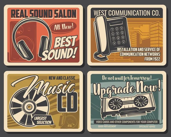 Dispositivi Moderni Servizi Tecnologici Poster Retrò Vettoriale Apparecchiature Audio Musica — Vettoriale Stock