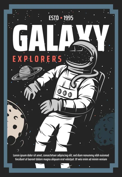 Astronaute Dans Espace Affiche Rétro Exploration Univers Explorateur Galaxies Cosmonautes — Image vectorielle