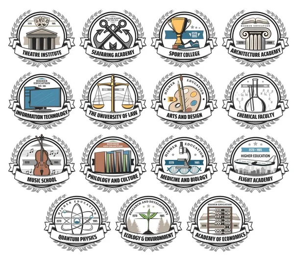 Iconos Vectoriales Aislados Universidades Universidades Academias Educación Universitaria Escolar Arte — Vector de stock