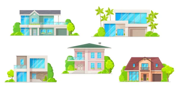 Casas Casas Campo Edifícios Residenciais Ícones Vetor Imobiliário Desenhos Animados —  Vetores de Stock