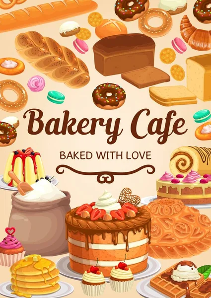 面包店 面包或糕点甜点咖啡店 向量甜烤芝士蛋糕 派和蛋糕与草莓 华夫饼或牛角面包 甜甜圈和杯蛋糕 Pudding Patisserie Assortment Bake — 图库矢量图片
