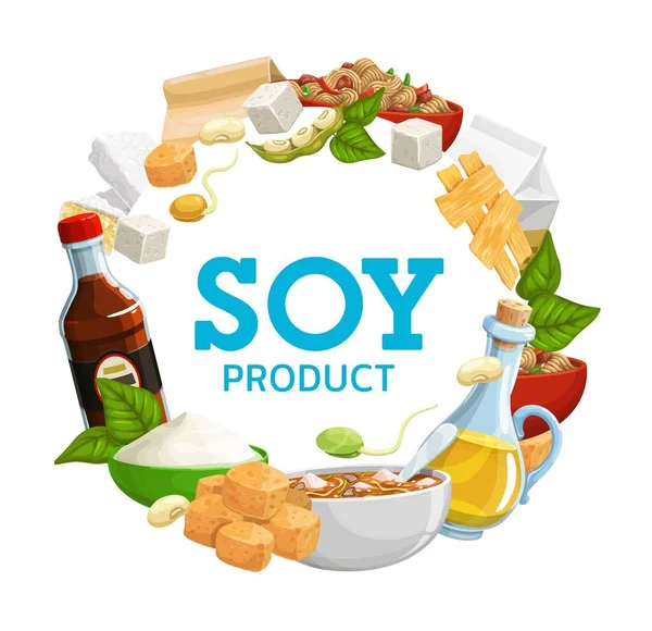 Produits Soja Alimentation Haricots Cadre Vecteur Sauce Soja Tofu Lait — Image vectorielle