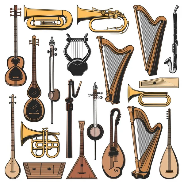 Musikinstrumente Isolierten Vektortuba Harfe Und Balalaika Klappenhorn Klarinette Alt Oder — Stockvektor