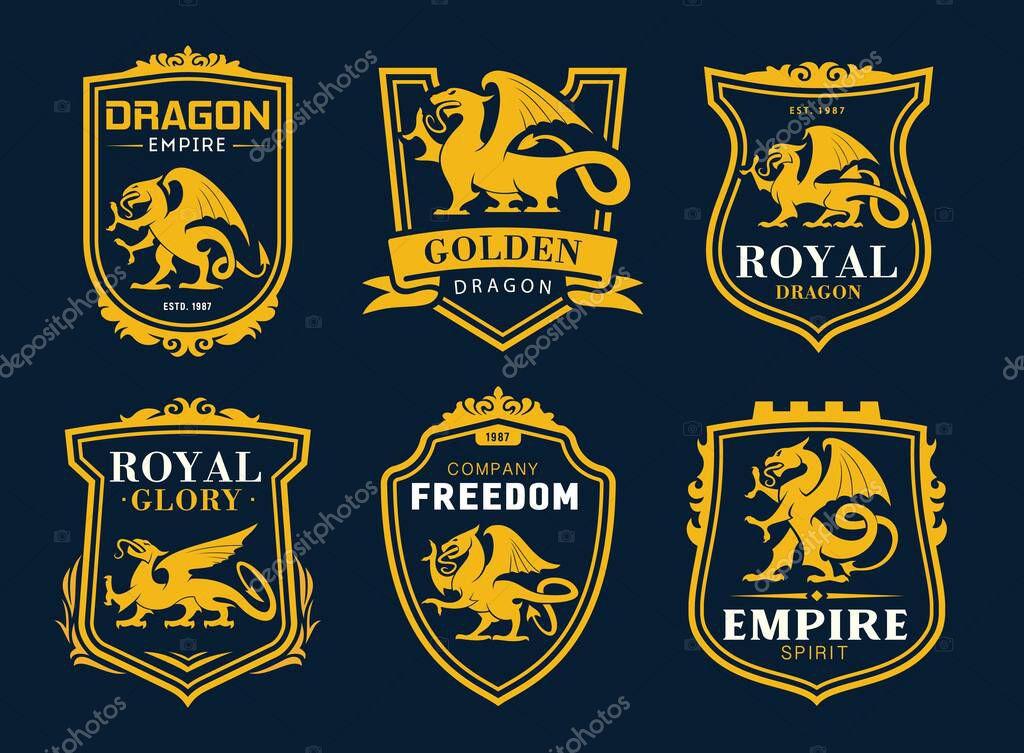 Griffin and dragon isolated heraldic vector icons. Yellow shields with armorial mythical animal silhouettes, ribbons and typography. Empire golden dragon and fantasy Griffon lion and eagle creature