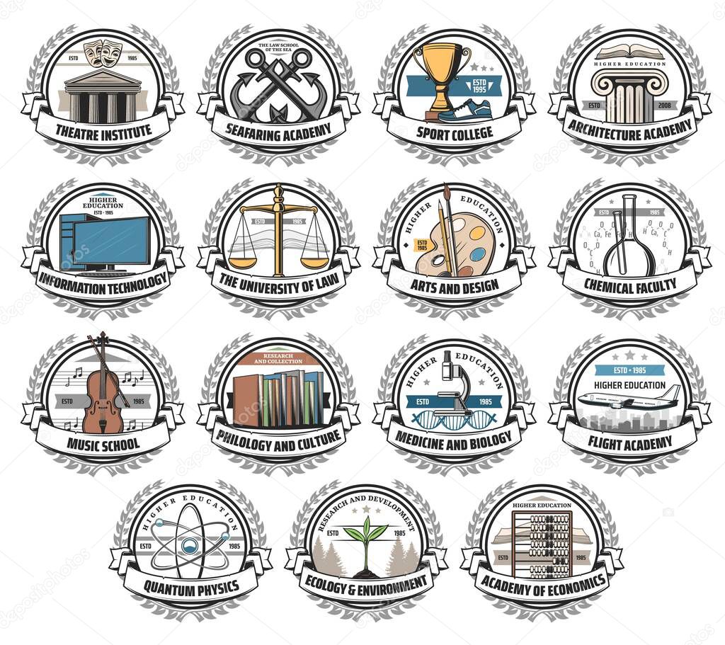 University, college and academy isolated vector icons. College and school education, art and design, aviation academy and music school, information technology and law faculty, medicine and chemistry