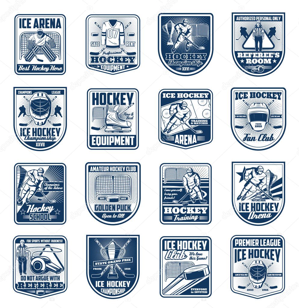 Ice hockey sport isolated vector icons. Winter sport vintage badges and retro emblems. Ice hockey cup tournament, players and referee, uniform ang trophy, crossed sticks and puck on arena shield