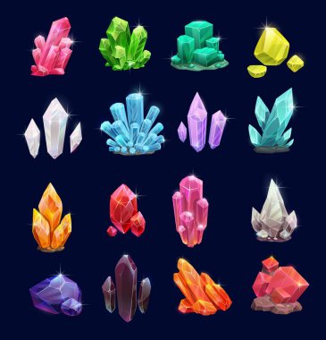 Kristal taşlar, vektör değerli taşlar ve mücevher simgeleri. Karikatür mineralleri, kristaller ve değerli taşlar. Doğal opal, zümrüt ve elmas, yakut ve topaz, kuvars cam, mücevher ve jeoloji kristalleri