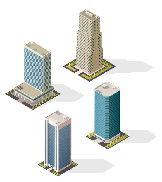 アイソメトリック超高層ビルは3Dベクトルアイコンを構築します 近代的な市役所の中心部を隔てている アパートの都市の背の高い建物のデザイン ガラス製のファサードを持つ複数の階建ての塔 — ストックベクタ