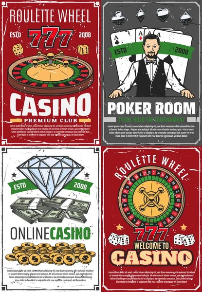 Casino Fortuin Roulette Croupier Retro Posters Vector Poker Room Gokken — Stockvector
