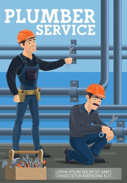 Loodgieters Service Verwarming Leidingen Vervangen Vector Poster Van Werknemers Met — Stockvector