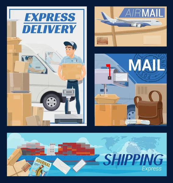 Freight Post Mail Parcels Delivery Courier Postman Cartoon Van Airplane — Stock Vector