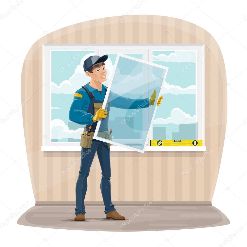 Plastic windows install and repair service. Installer worker in uniform with tools holding a new glass frame. Master installing and fixing windows in apartment. Building construction industry