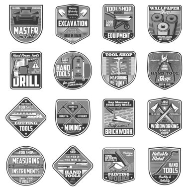 Bina, DIY ve tamir aletleri vektör simgeleri. İnşaat ve bahçe aletleri kutusu ve mala, tırnak makası, kazma ve el arabası, testeresi, matkap ve kürek, duvar kağıdı, nipper ve demir testeresi.