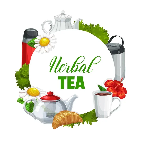 Flower Herbal Tea Vector Black Green Tea Brew Teapot Porcelain — Stock Vector