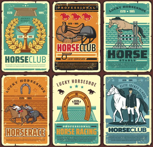 Jezdectví Koni Jezdecké Sportovní Hippodrome Vintage Plakáty Vektorová Jezdecká Elitní — Stockový vektor