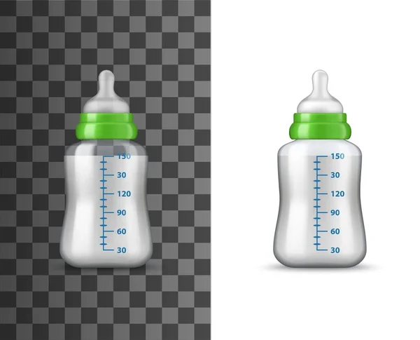 赤ちゃんのミルクボトル 隔離された現実的なベクトルモックアップ 赤ん坊の餌のためのベクトルプラスチックボトル より滑らかで容量量測定ラインのフラスコ パッケージモックアップ 新生児のための栄養 — ストックベクタ