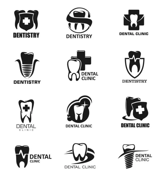 歯のアイコン クロスとシールドの歯科クリニック孤立ベクトル標識 単色の記号のセット歯のインプラント 輝く歯 歯医学のアイコンとエンブレム 歯医者のラベル — ストックベクタ