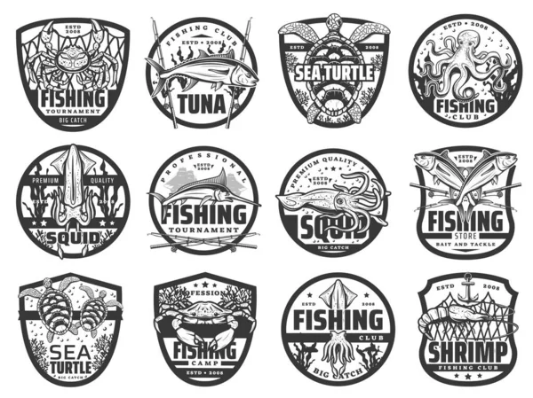 Angelsport Und Hobby Vektorsymbole Vereinzelte Fischerturniere Mit Krabben Und Tintenfischen — Stockvektor