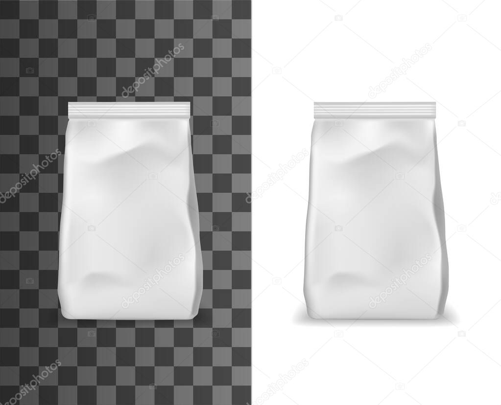 Realistic package, foil, paper or plastic sachet pouches with valve and seal isolated 3d vector mockup. Blank white doy packs for product, packaging in pillow shape mock up object on white