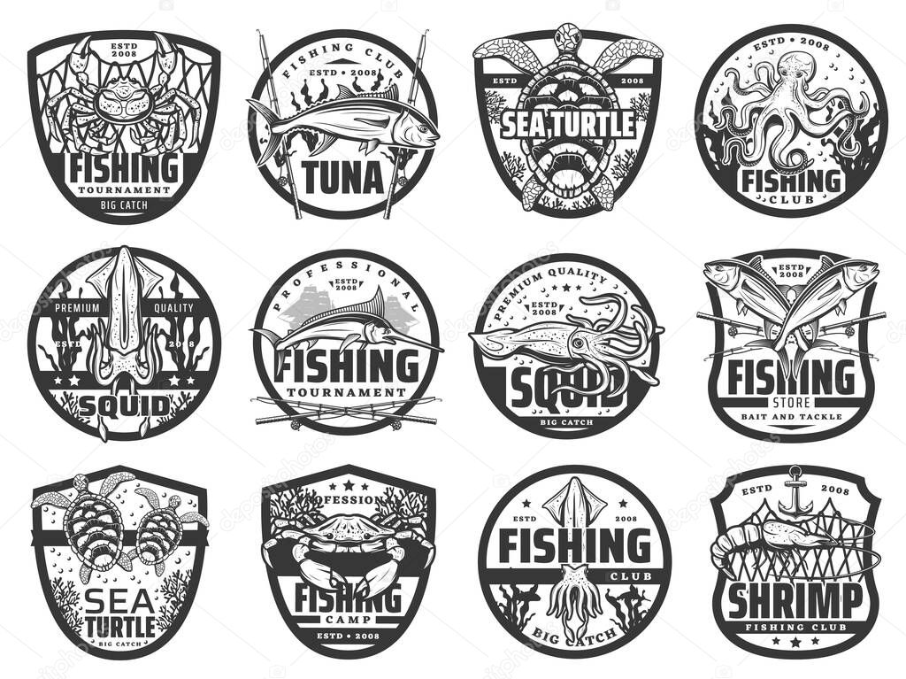 Fishing sport and hobby vector icons. Isolated fisherman tournament labels with crab and squid, sea turtle and octopus, marlin fish and underwater seaweeds. Monochrome professional fishing club icons
