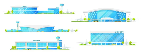 Edificios Del Aeropuerto Con Vectores Fachada Vidrio Iconos Aislados Pista — Archivo Imágenes Vectoriales
