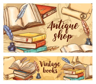 Antika kitaplar vektör çizim afişleri. Vintage kitapçı fuarı, edebiyat festivali, nadir ve eski kitap mağazası. Antika şiir ve romanlar dükkan pazarı, mürekkep ve tükenmez kalemle eski kağıt parşömenler.