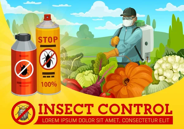 Контроль Насекомыми Вредителями Рабочий Опрыскивает Насекомых Инсектицидом Помощью Распылителя Давления — стоковый вектор