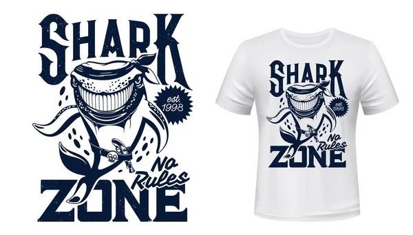 印有鲨鱼图案的T恤衫 潜水俱乐部的矢量动物小床 带枪的海上猎食动物 骷髅带和白色衣服上的蓝色文字 海洋探险小组 鲨鱼区T恤模板 — 图库矢量图片