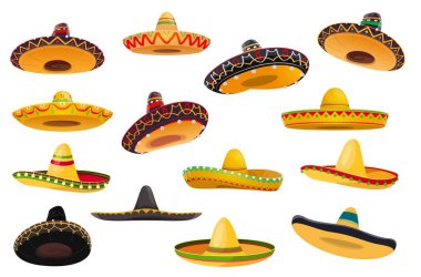 Meksikalı sombrero şapkası vektör fiesta partisi ve Cinco de Mayo tatil tasarımı nesneleri izole etti. Mariachi müzisyeni ya da kovboy çizgi film sombrero şapkası. Etnik süslemelerle süslenmiş.
