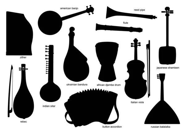 Schwarze Silhouetten Von Musikinstrumenten Isolierte Vektorzither Amerikanische Banjo Und Rohrpfeife — Stockvektor