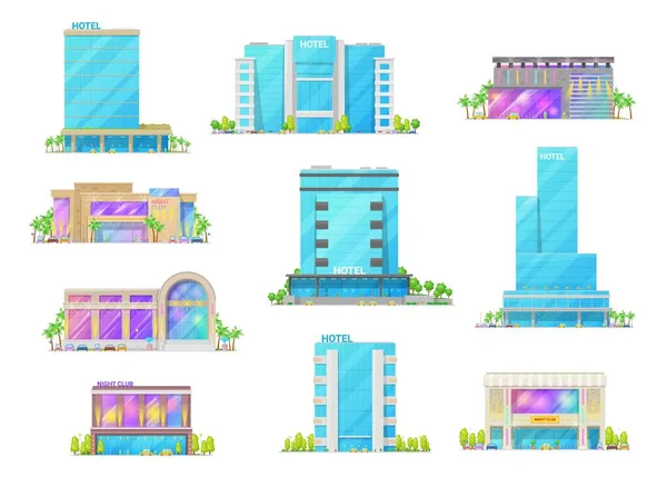 Hotel Nachtclub Gebouwen Architectuur Geïsoleerde Cartoon Vector Pictogrammen Luxe Apart — Stockvector