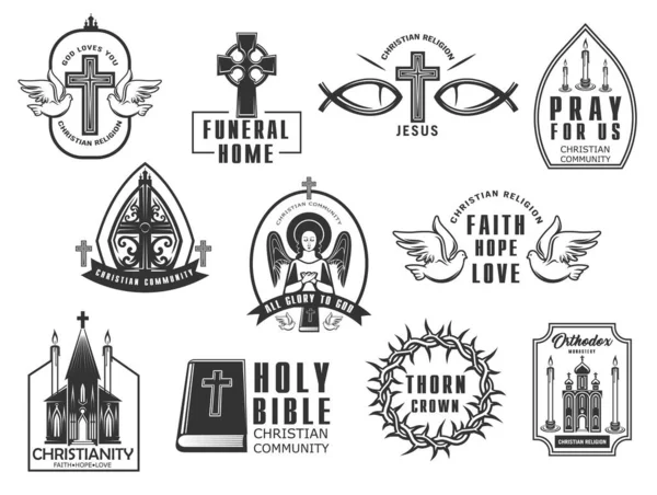 Religião Cristã Isolado Conjunto Ícones Vetoriais Cruze Com Pombas Símbolos —  Vetores de Stock