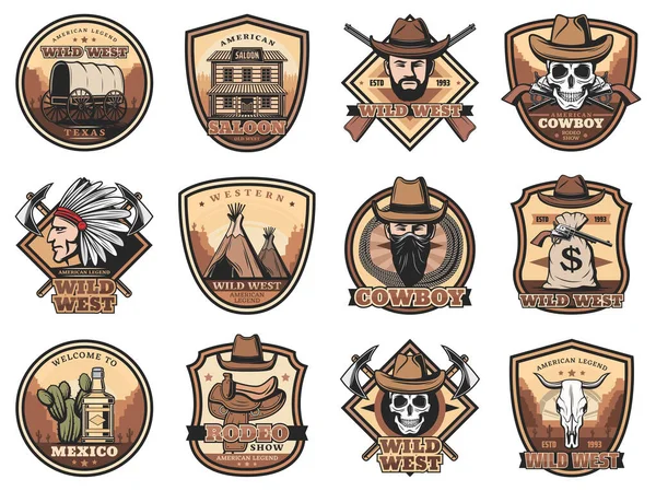 Iconos Del Salvaje Oeste Vaquero Vector Occidental Cráneo Sheriff Berlina — Vector de stock