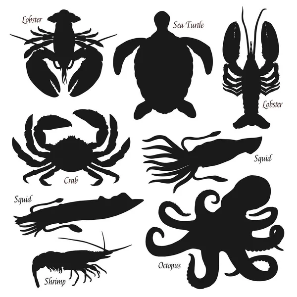 Zeedieren Zwart Silhouet Set Zeevruchten Schaal Schelpdieren Octopussen Garnalen Oceaanpijlinktvissen — Stockvector