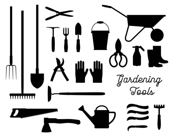园艺工具黑色轮廓集 独立的病媒园丁种植工作配件花园耙 水罐和桶 配有手推车和叉子的农民靴 斧头和锯子 — 图库矢量图片